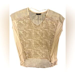 Calvin Klein Jeans Women’s Top Size 1XL Cream and Tan Stripes Sheer Upper V-neck